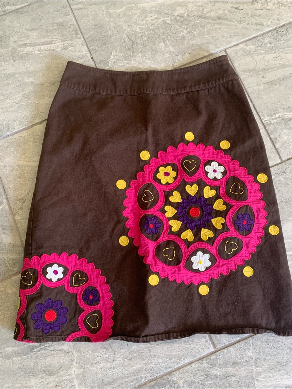 Boden Brown Embroidered A-Line Skirt with Pink & Yellow Medallions